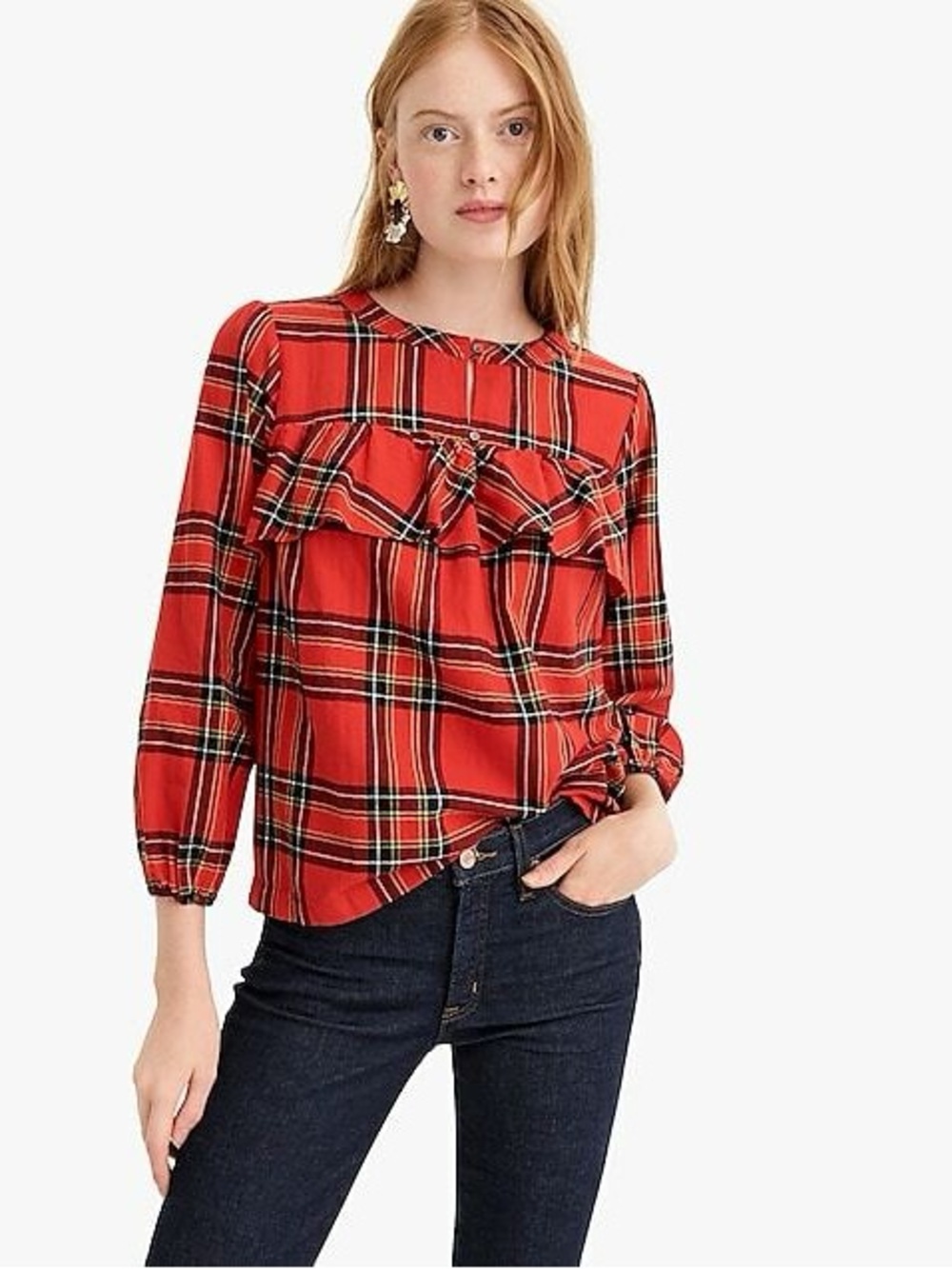 J.Crew Red Tartan Plaid Ruffle Popover Flannel Top Holiday Christmas Blouse XS